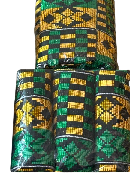 AfriKraft™ Ashanti Colours - Black-Gold-Green Kente Cloth 10 & 6-Yard Roll – Handwoven Star-Checkered Pattern